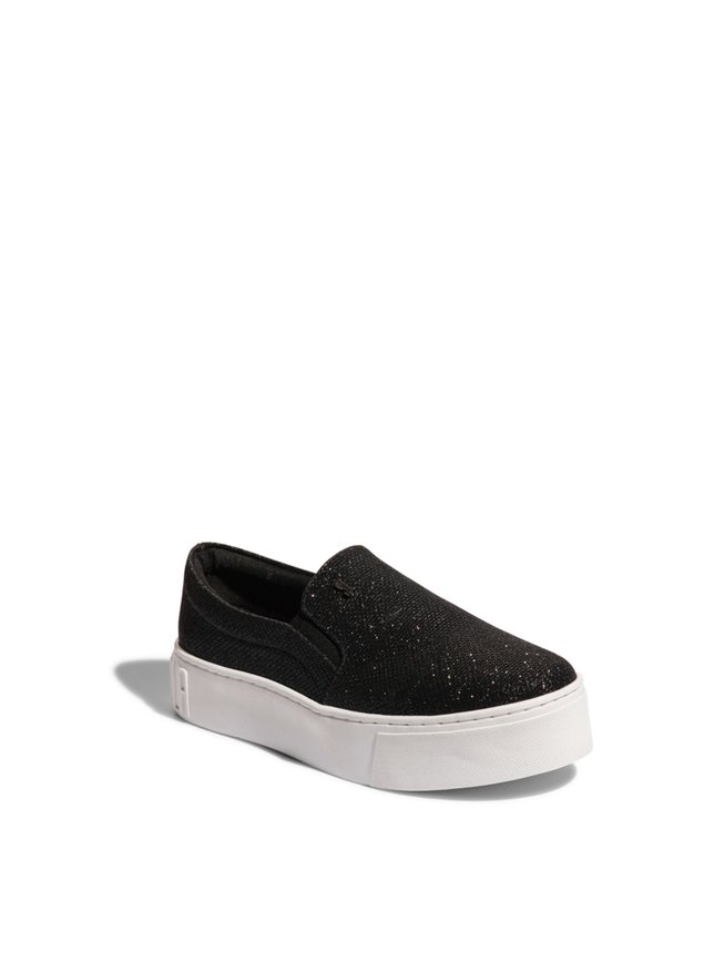 Preto Couro Slip On Santa Lolla Glitter Preto Glitter Tenis Slip